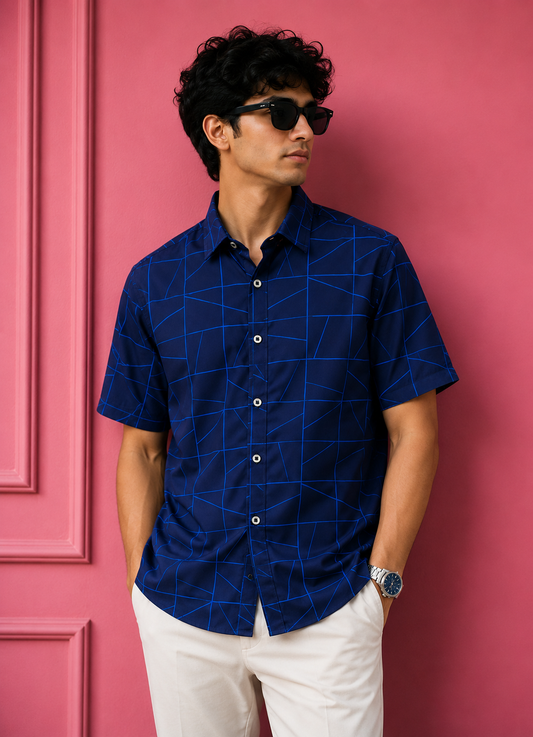 Men's Navy Blue Geometric Grid Short-Sleeve Casual Button-Down Shirt