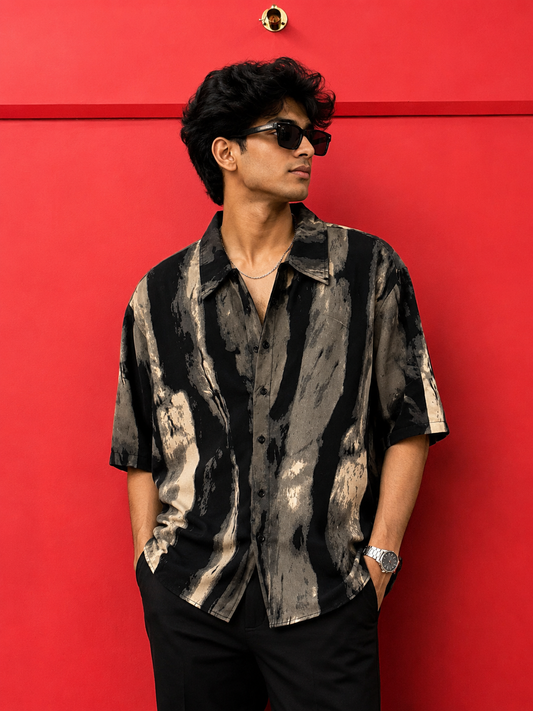 Men’s Premium Abstract Print Half Sleeve Shirt | Stylish Black & Beige Casual Oversized Shirt
