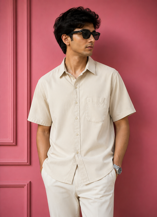 Men's Relaxed Fit Solid Cream Casual Shirt – Single Chest Pocket Button-Down