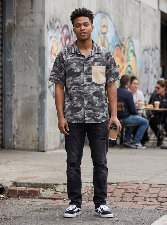 Men's Grey Camouflage Short Sleeve Button-Down Shirt with Contrast Tan Pocket