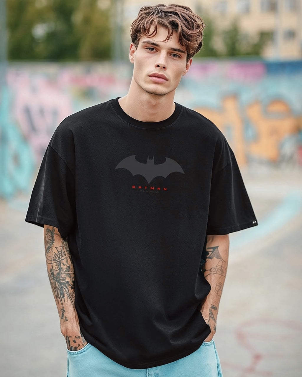 X DC Batman Men's Cotton Graphic Print Oversized Fit Half Sleeve Round Neck T-Shirt | Casual Wear | Street Wear | Oversized t Shirt for Men Cotton | Baggy