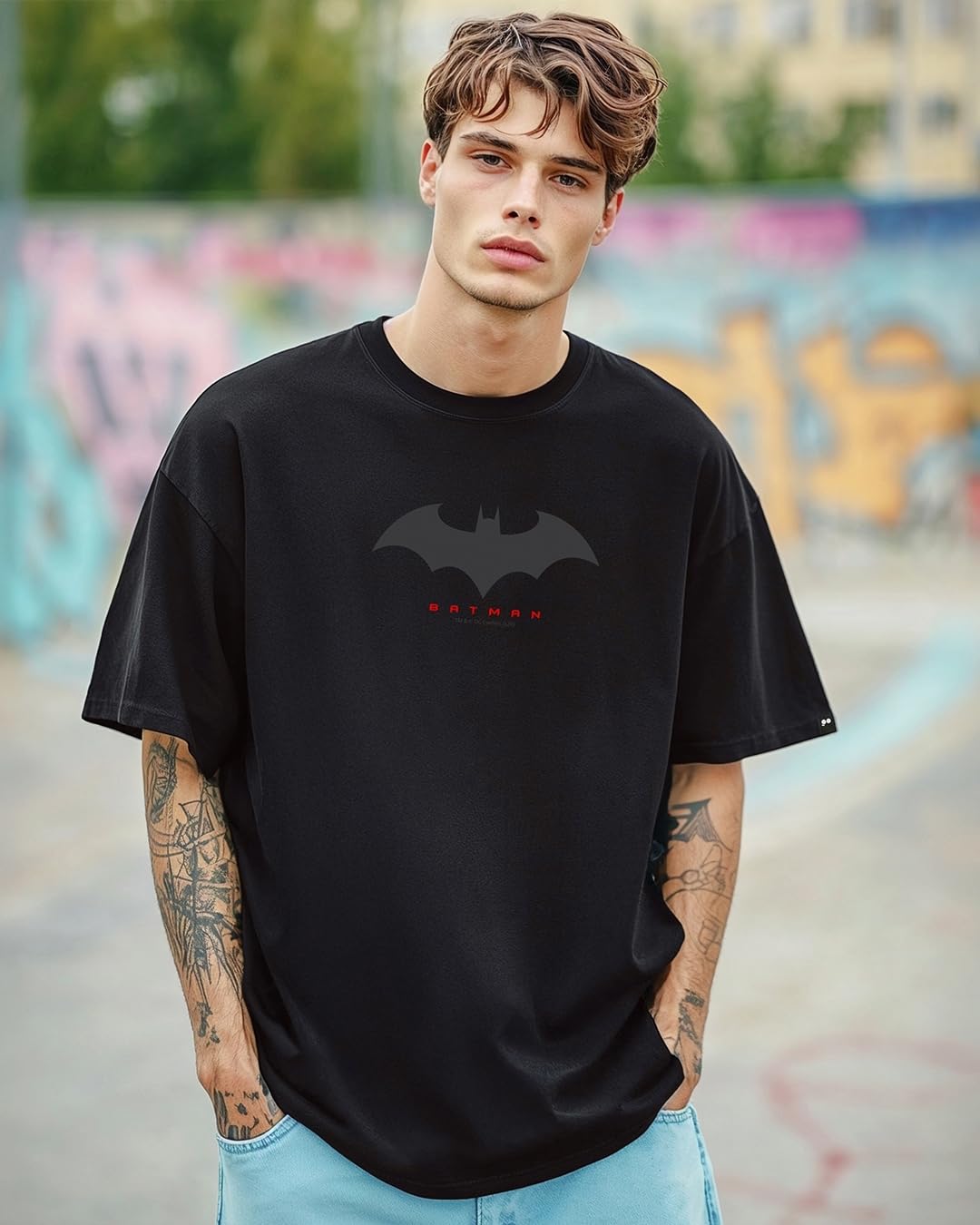 X DC Batman Men's Cotton Graphic Print Oversized Fit Half Sleeve Round Neck T-Shirt | Casual Wear | Street Wear | Oversized t Shirt for Men Cotton | Baggy
