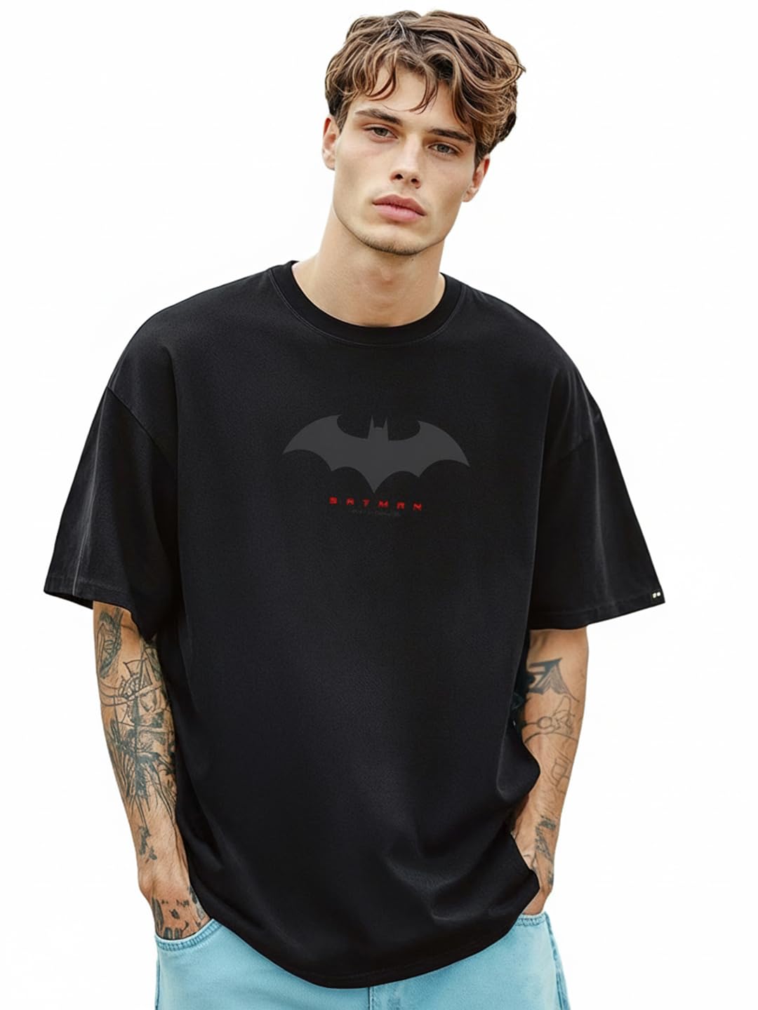 X DC Batman Men's Cotton Graphic Print Oversized Fit Half Sleeve Round Neck T-Shirt | Casual Wear | Street Wear | Oversized t Shirt for Men Cotton | Baggy