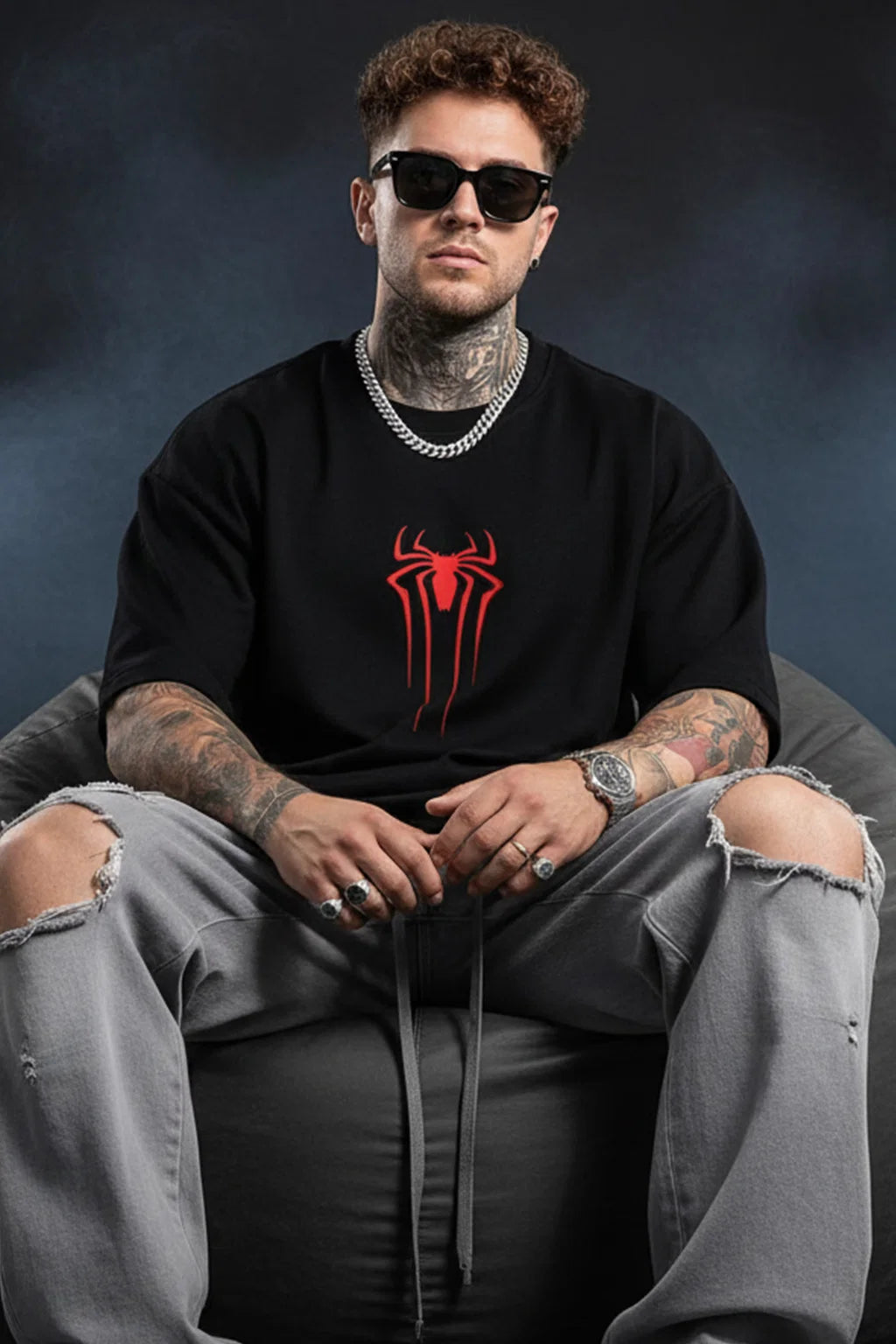 Spiderman Black Oversized Back Typographic Printed T-shirt