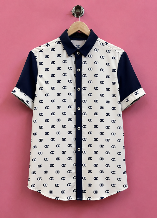 Men's Navy and White Monogram Print Casual Shirt – Short Sleeve Button-Down with Contrast Color-Block Sleeves