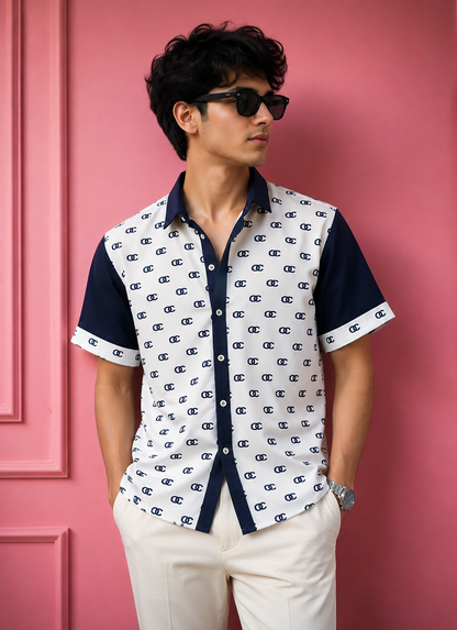 Men's Navy and White Monogram Print Casual Shirt – Short Sleeve Button-Down with Contrast Color-Block Sleeves