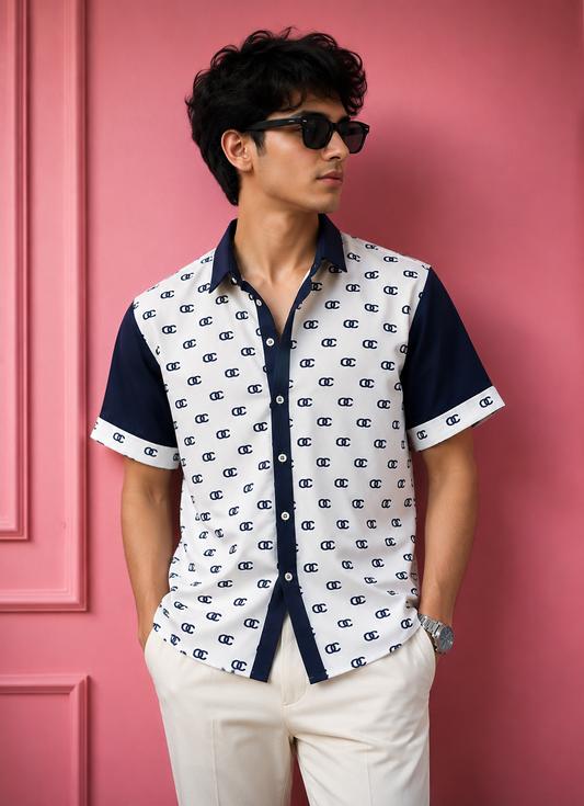 Men's Navy and White Monogram Print Casual Shirt – Short Sleeve Button-Down with Contrast Color-Block Sleeves