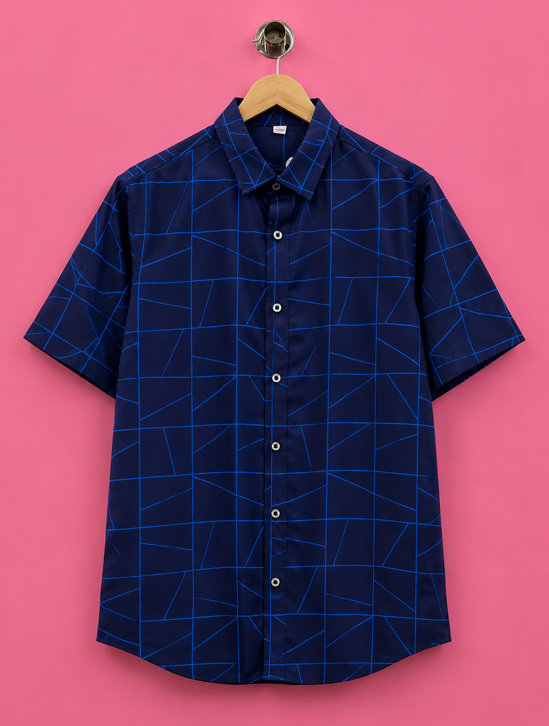Men's Navy Blue Geometric Grid Short-Sleeve Casual Button-Down Shirt