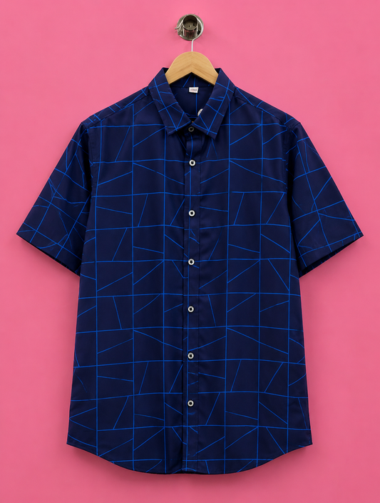 Men's Navy Blue Geometric Grid Short-Sleeve Casual Button-Down Shirt