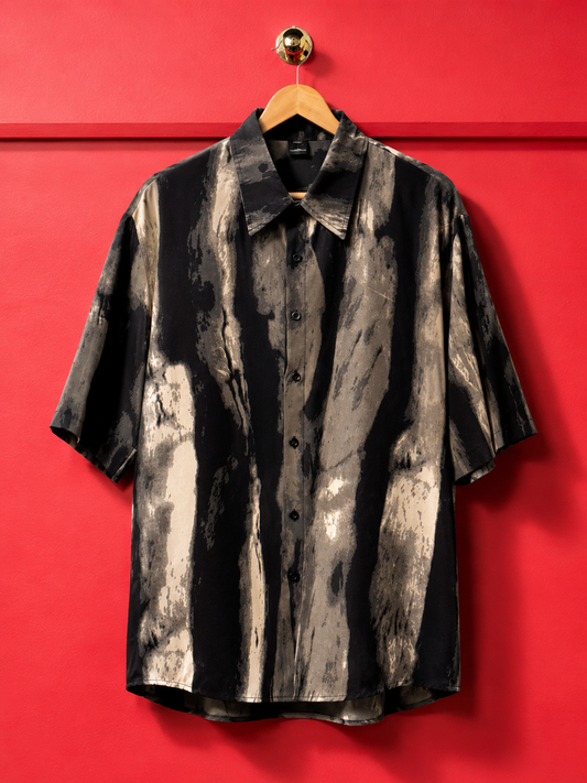 Men’s Premium Abstract Print Half Sleeve Shirt | Stylish Black & Beige Casual Oversized Shirt