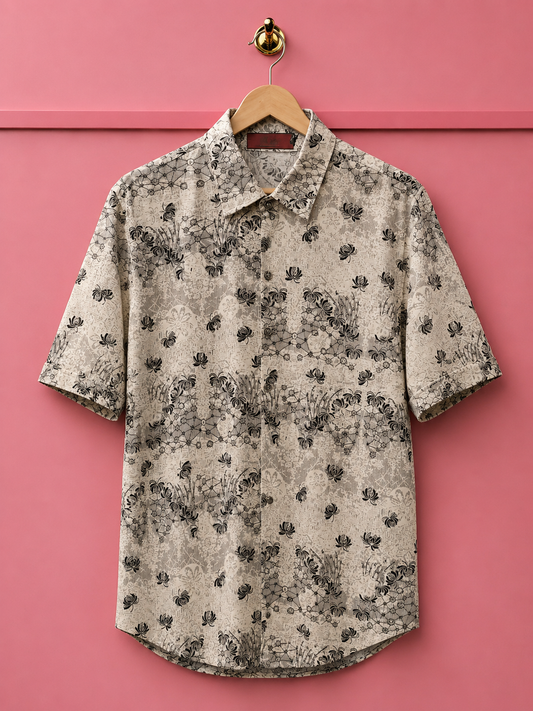 Men’s Premium Floral Print Half Sleeve Shirt | Beige Vintage Casual Summer Shirt