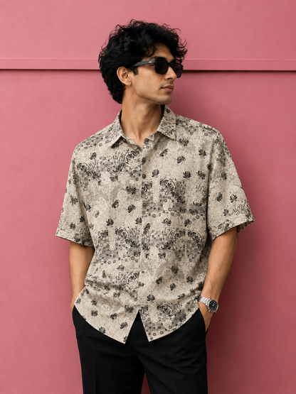 Men’s Premium Floral Print Half Sleeve Shirt | Beige Vintage Casual Summer Shirt