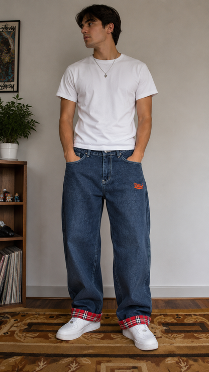 Men’s Baggy Fit Denim Jeans with Plaid Cuff | Relaxed Streetwear Blue Jeans for Men