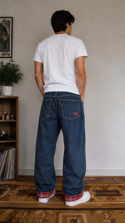 Men’s Baggy Fit Denim Jeans with Plaid Cuff | Relaxed Streetwear Blue Jeans for Men