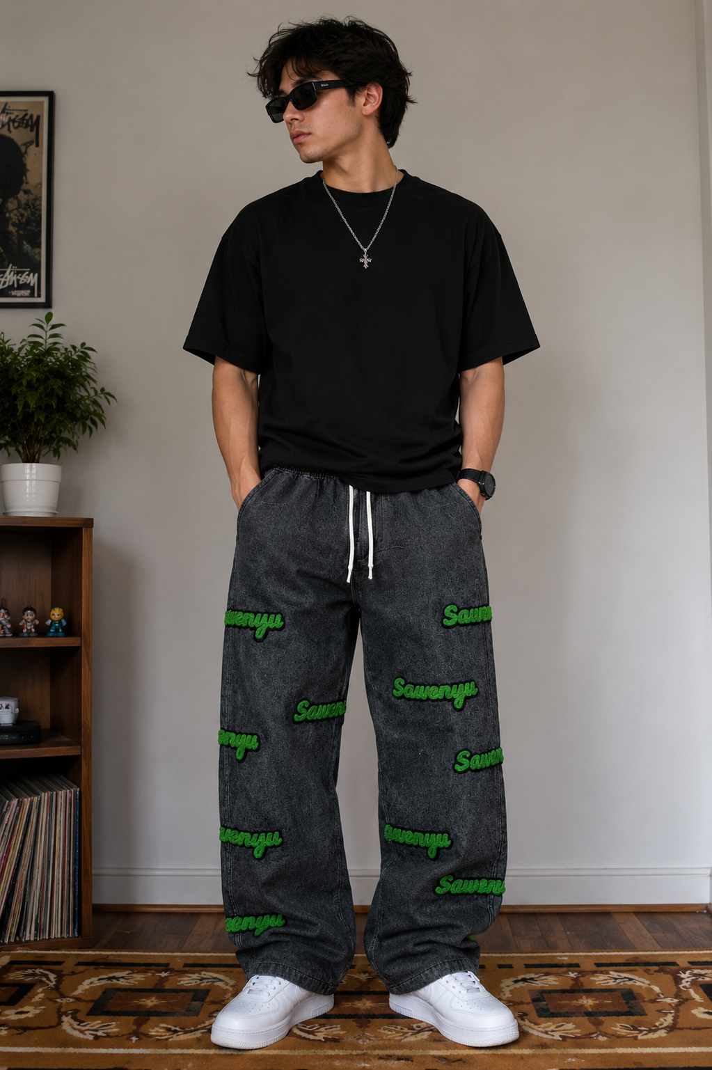 Men’s Oversized Denim Joggers with Graphic Embroidery | Relaxed Fit Streetwear Jogger Pants