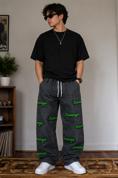Men’s Oversized Denim Joggers with Graphic Embroidery | Relaxed Fit Streetwear Jogger Pants