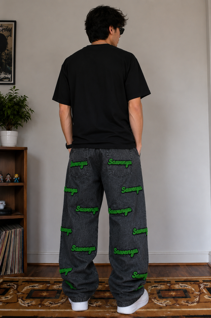Men’s Oversized Denim Joggers with Graphic Embroidery | Relaxed Fit Streetwear Jogger Pants
