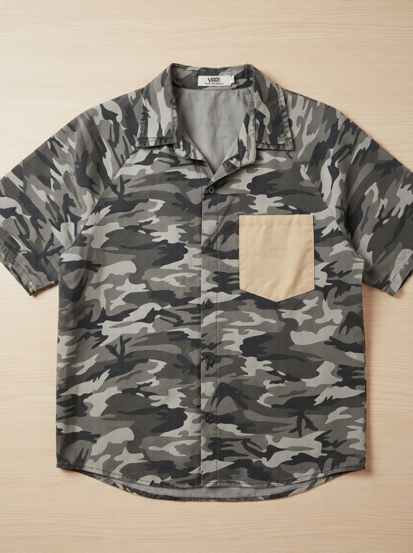 Men's Grey Camouflage Short Sleeve Button-Down Shirt with Contrast Tan Pocket
