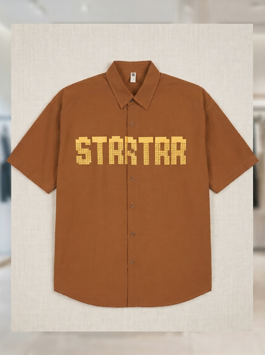 Men's Oversized Brown Short-Sleeve Button-Up Shirt | Yellow "STARTRR" Graphic Streetwear Top