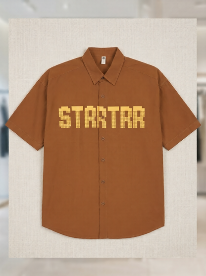 Men's Oversized Brown Short-Sleeve Button-Up Shirt | Yellow "STARTRR" Graphic Streetwear Top