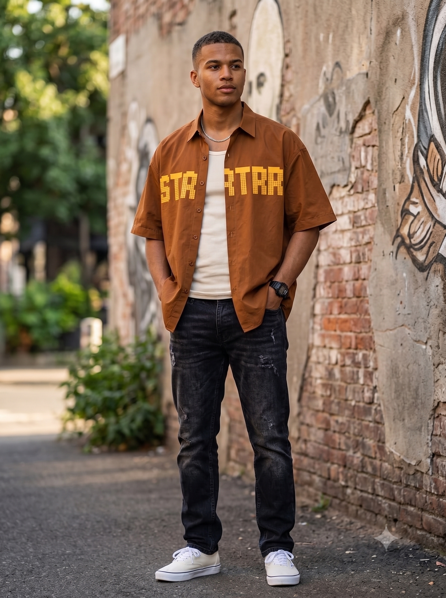 Men's Oversized Brown Short-Sleeve Button-Up Shirt | Yellow "STARTRR" Graphic Streetwear Top
