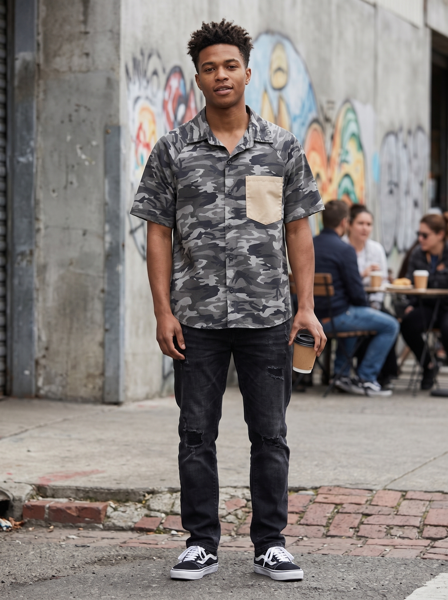 Men's Grey Camouflage Short Sleeve Button-Down Shirt with Contrast Tan Pocket