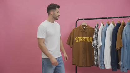 Men's Oversized Brown Short-Sleeve Button-Up Shirt | Yellow "STARTRR" Graphic Streetwear Top