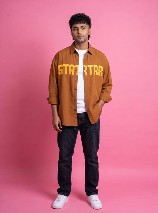 Men's Oversized Brown Short-Sleeve Button-Up Shirt | Yellow "STARTRR" Graphic Streetwear Top